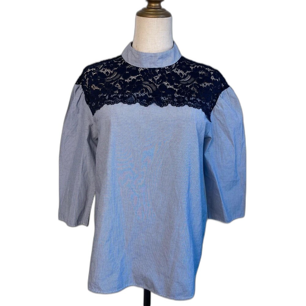 Zara Basics Pinstripe Floral Lace Blouse Women Medium Navy Blue Cotton Nautical